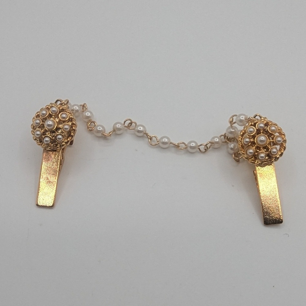Vintage‎ Gold Tone Faux Pearl Sweater Clip Cardigan Guard Collar Chain 7 Inch